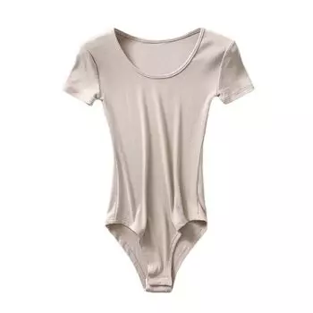 Elastic Silm Low round Neck Short Sleeve Tops Summer Easiest for Match Pure Desire Wind Fashion Thread Crotch One-Piece One-Piece T-shirt Meters apricot S