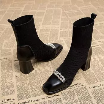 Elastic socks boots women s 2025 new autumn and winter fashion high-heeled short boots splicing Martin boots thick and single boots 35