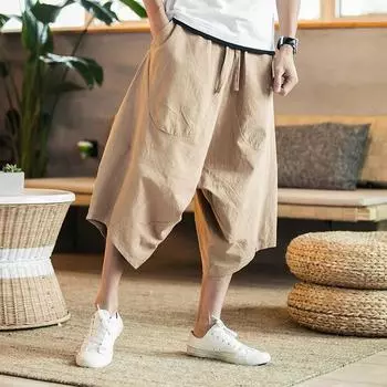Elastic Waist Chinese Style Cotton and Linen Cropped Harem Pants Japanese Casual Men s Wide-leg Low-end Pants Beach Big Feet Pants S