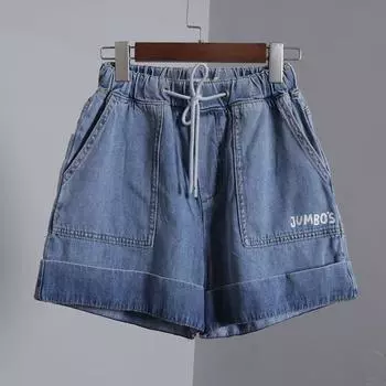 Elastic Waist Curling Women s New Drawstring Denim Shorts Denim Blue S