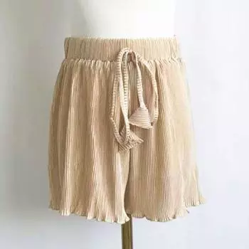 Elastic Waist Plaid Pleated Pure Color Women s Shorts 2025 Summer New Arrival Minimalist Versatile Hot Pants Beige (Blemish) Size S