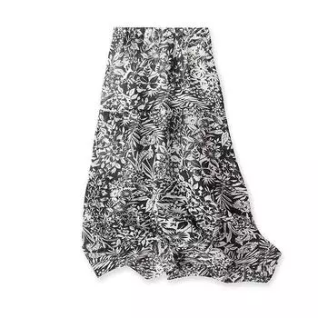 Elastic Waist Print Skirt Summer New Arrival Mid Length Long Length A- line Skirt Patchwork Easy Matching Fashion Outer Single Women s Skirt White flowers on black background M