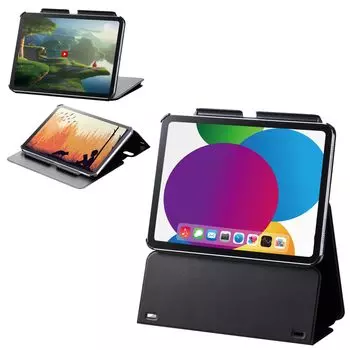 ELECOM iPad 10.9 10-го поколения (Модель 2022 года) Чехол с многоуровневой регулировкой высоты, функцией автоматического перехода в режим сна/автоматического пробуждения, мягкая кожа, черный TB-A24RWVH2BK