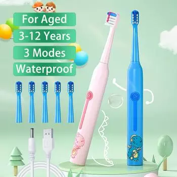 Electric Children s Toothbrush Cute Dinosaur Child Teeth Brush 6 Heads Sonic for Kids Smart 2min Timmer USB Rechargeable синий