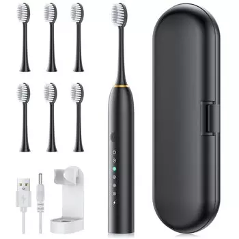 Electric toothbrush 6 replacement brushes IPX7 USB storage case included H06 stand, included, waterproof, rechargeable,