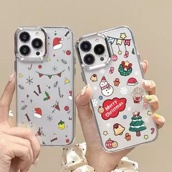 Electroplating Lens Frame Clear Phone Case for iPhone 16 15 Pro 14 Plus 13 12 Pro Max 11 Cartoon Christmas Pattern Tpu Soft Slim Cover iPhone 16