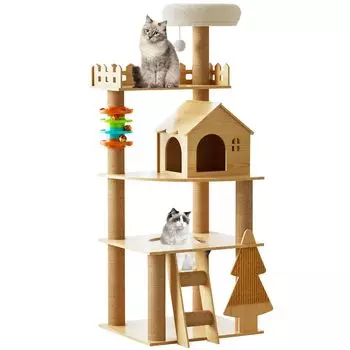 Elegaif Cat Деревянный Кот Для Большого Пространства Прозрачный Поставляется с Множественным Котом Для Толстого Старшего Наблюдения Натуральная Конопля Включает Царапины Устраняет светло-коричневого