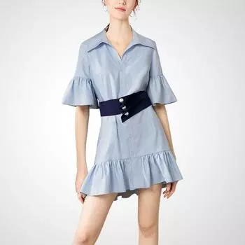 Elegance Goddess Temperament Fashion High Waist Ruffles Dress Light blue M