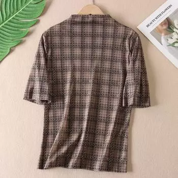 Elegance Retro Elegant Hot Rhinestone Print Half Turtleneck Silm T-shirt Women s Half Sleeve See-through Mesh Tops Wc3314 Plaid 3XL