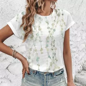 Элегантная женская одежда Футболка с коротким рукавом Нежный цветочный принт Изысканная женская футболка с коротким рукавом Круглый вырез Комфортный топ S
