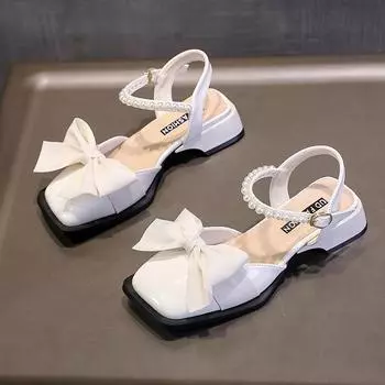 Elegant 2024 Fashionable New Versatile French Bow Women s Sandals Summer Flat Shoes Single Strap Explosion Style 35 чёрный