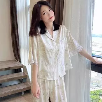Elegant Abstract Flower Print Lace Women s Pajamas Geometric Floral Art Aesthetics Nightgown Summer Lounges M