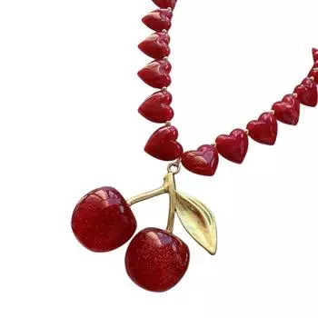 Elegant Acrylic Cherrys Pendant and Beaded Heart Beaded Necklace Portable for Casual And Party Stylish Outfits 1