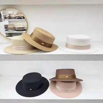 Elegant and generous flat top flat edge straw hat women spring summer big eaves sunshade sun protection outdoor travel beach hat women M56-58cm чёрный