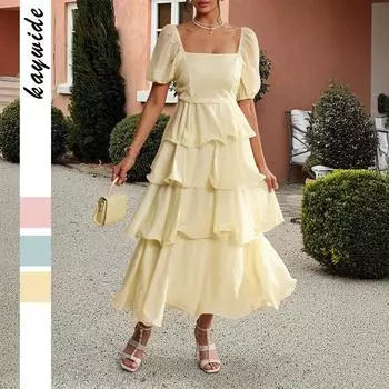 Elegant and Refined Style Cake Dress Square Collar Dress for Women s Spring and Summer S синий