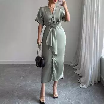 Elegant and Refined V-neck Side-opening Cinched-waist Dress for Women s Spring and Summer S зелёный