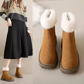 Elegant and Simple Women s Plush Shoes 2024 New Back Zipper Design Fashionable and Versatile Winter Cotton Boots Botas De Mujer 35 чёрный