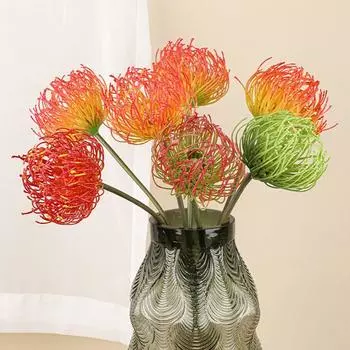 Elegant Artificial Leucospermum Flower Real Touch Pincushion Flower Branch Wedding Decor красный/зелёный