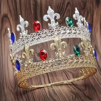 Elegant Baroque Crown Antique Bronze Bridal Tiara Exquisite Princess Rhinestone Crown Women Man Gold-Red