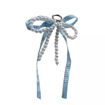 Elegant Beaded Bow Keychain Plaid Charm Pendant for Bags Phone Charm Sweet Y2K Fashion Accessory for Women синий