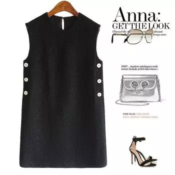 Elegant Black Wool Sleeveless Straight Dress Red L