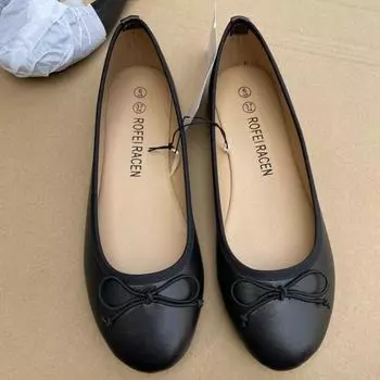 Элегантные женские балетки с бантом на плоской подошве с круглым носком, удобные кожаные туфли-лоферы без застежек, одинарные мюли, весна и осень 36 чёрный