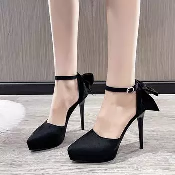 Elegant Bowknot Thin Heels Pumps Women Pointed Toe Ankle Strap Wedding Party Shoes Summer Sandals Woman High Heels Bride Shoes 35 чёрный