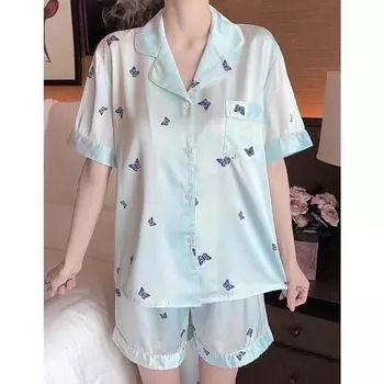 Elegant Butterfly Literary Aesthetics Women Pajamas Summer New Home Sleepwear Light Blue Fresh Short Sleeve Shorts Set M синий