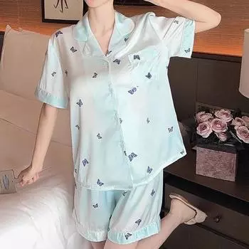 Elegant Butterfly Literary Aesthetics Women Pajamas Summer New Home Sleepwear Light Blue Fresh Short Sleeve+shorts Set M синий