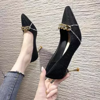 Elegant Champagne Color High Heels Women s Fine Track 2024 New Bride Shoes Evening Dress Party Design Sensibility Single Shoes 34 чёрный