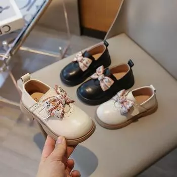 Elegant Children s Leather Shoes 2024 Spring Princess Shoes for Girls Fashion Bowknot Thick Soled Versatile Kids Mary Jane Shoes 23 бежевый