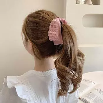 Elegant College Style Women Pearl lace vertical clip Bow Banana Clip Ponytail Clip hair accessories розовый