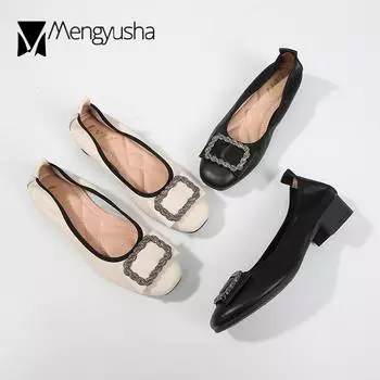 Elegant Crystal buckle flats female grandma shoes women soft soled moccasins square toe thick heels loafers plus size 34-43 4.5 абрикосовый