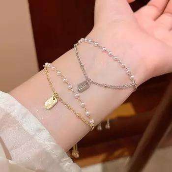 Elegant Double-Layer Pearl Bracelet for Women – Geometric Charm Hand Jewelry S629 золотой
