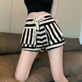 Elegant Drawstring Wild Shorts Lady Stripe Printing Pocket High Waist Shorts Bandage Easy Elastic Casual Short Pants Lady M