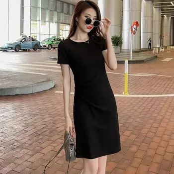 Elegant Dress round Neck Fashion Silm T-shirt Short Sleeve Black 2XL