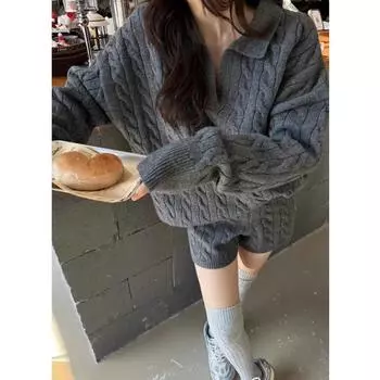 Elegant Fashion Autumn Winter Pullover Women Sweater Knitted Shorts 2 Two Piece Sets Loose Office Outfits Lapel Casual Long Sleeve Tops One size