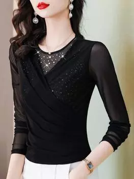 Элегантная модная рубашка с перекрестным воротником, женская осенне-зимняя, с длинными рукавами, круглым вырезом, с подкладкой, однотонная, облегающая рубашка для мамы L