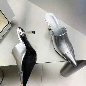 Elegant Fashion Silver Party Pumps Women Slippers Thin Low Heels Pointed Toe Design Slip on Summer Mules Slides Shoes 35