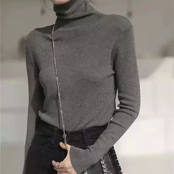 Elegant Fashion Turtleneck Knitted Women s Sweater New Autumn and Winter Long Sleeve Simple Basic Sweaters Undershirt Casual Solid Color Top 2519 One Size темно-серого