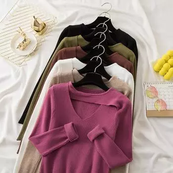 Elegant Fashion Women Knitted Bottoming Sweater Women s Inner Spring and Autumn 2024 New Long Sleeve Shirt Casual Basic Solid Color Clothes 2164 One Size чёрный