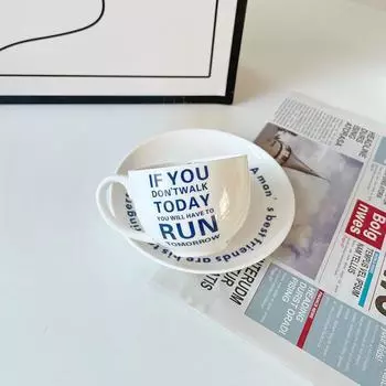 Elegant French Coffee Cup and Plate Set with Blue Letters, Ceramic Mug, Afternoon Tea Cup, Photo Taking, Ins Minimalist 200ml