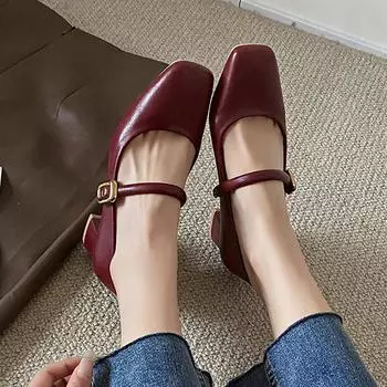 Elegant French Mary Jane shoes Women s New Mid Heel High Heels Women s Metal Buckle British Shallow mouth commuting casual shoes 3.5 вино красного