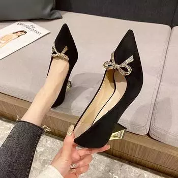 Elegant French Style Bow High Heels 2024 New Spring Women s Single Shoes Pointed Toe Rhinestone Wearable Casual Socialite Look 34 чёрный