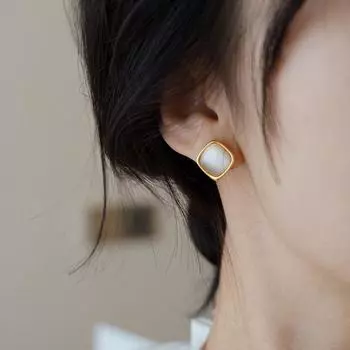 Elegant Geometric Square Ear Studs Autumn and Winter Opal Small size a pair