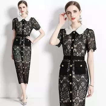Elegant Goddess-Style Lace Long Dress with Slim Fit M