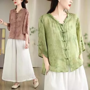 Elegant Harajuku Slim Fit Female Loose Casual All Match Tops Women Embroidery Button Three Quarter Sleeve Blouses XXXXL зелёный