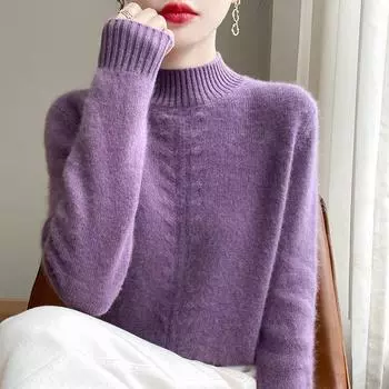 Elegant High-Neck Knitted Sweater for Women Solid Color, Autumn/Winter Warmth, Slim-Fitting Baselayer Top M