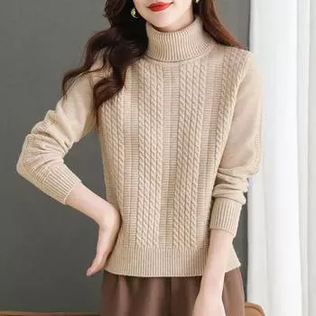 Elegant High Neck Sweater for Women - Solid Color Polyester Knit Fabric, Casual Long Sleeve, Soft Skin-Friendly M светло-бежевый