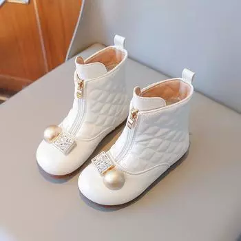 Elegant Kids Shoes Boots for Girl Autumn Winter Versatile Children s Beige Ankle Boots Fashion Chic Sweet Princess Causal Boots 26 бежевый